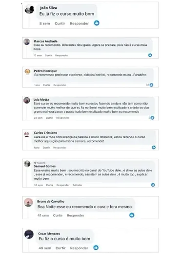 Comentários positivos de alunos sobre a formação profissional